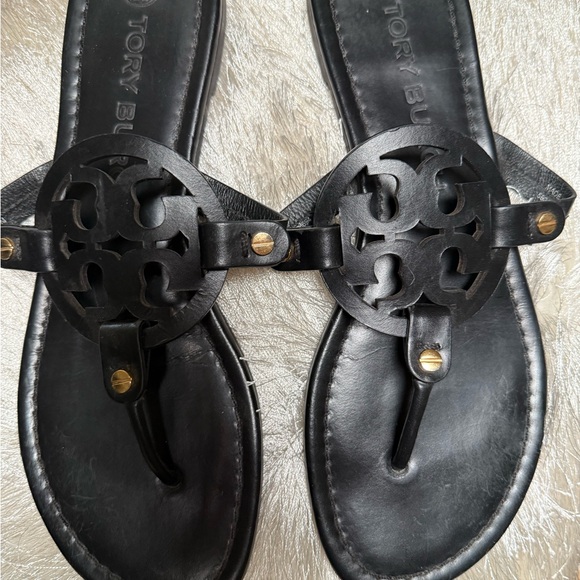 Tory Burch Black Sandals with Gold Accents - Picture 1 of 9